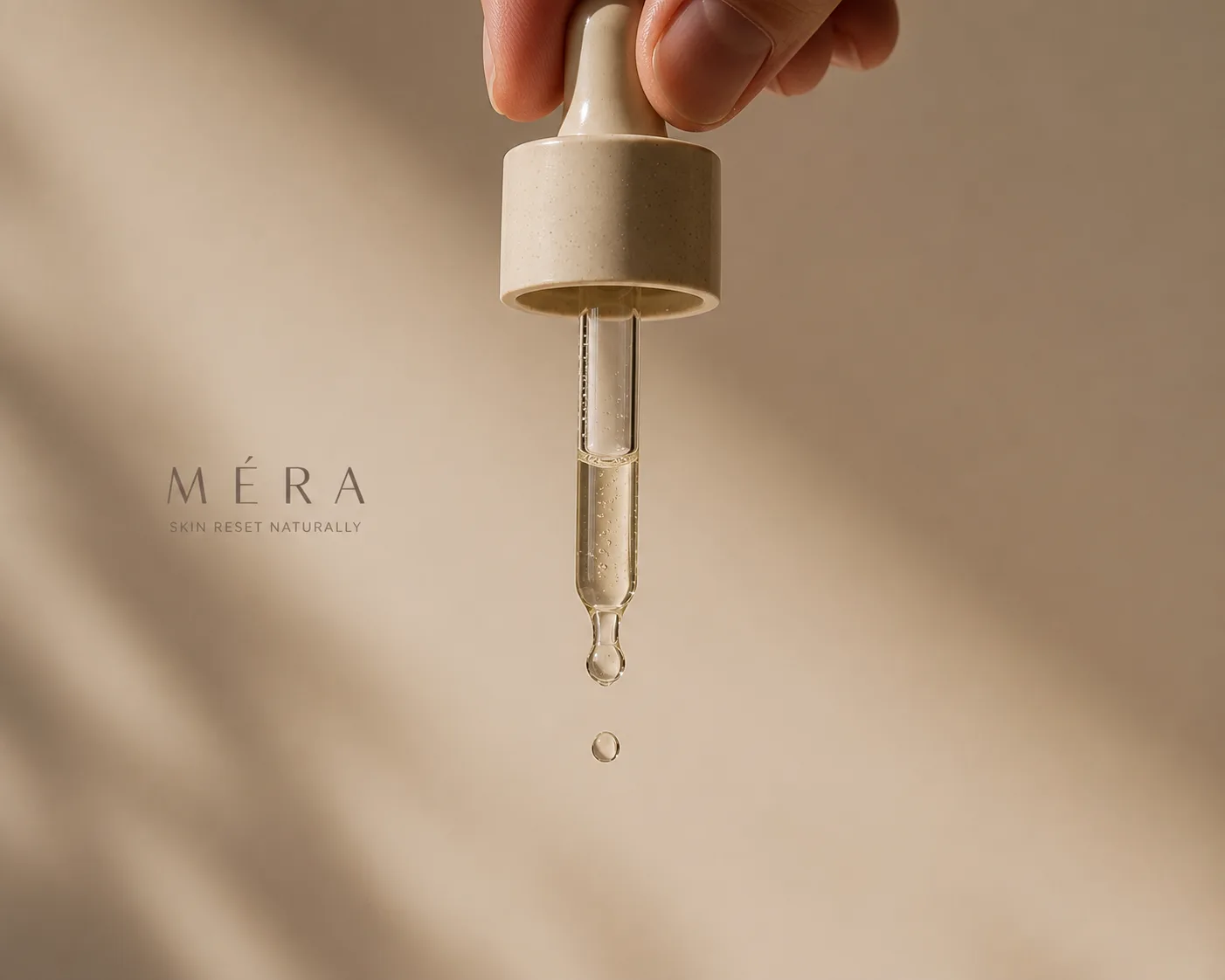 Single serum drop falling from a dropper beside the Méra wordmark