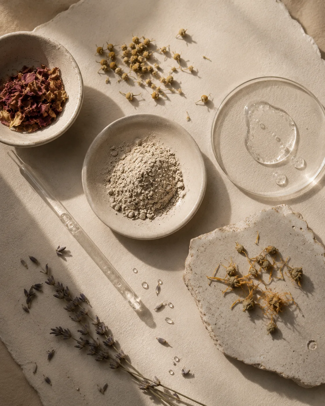 Overhead flat lay of raw ingredients, clay powder and a glass pipette