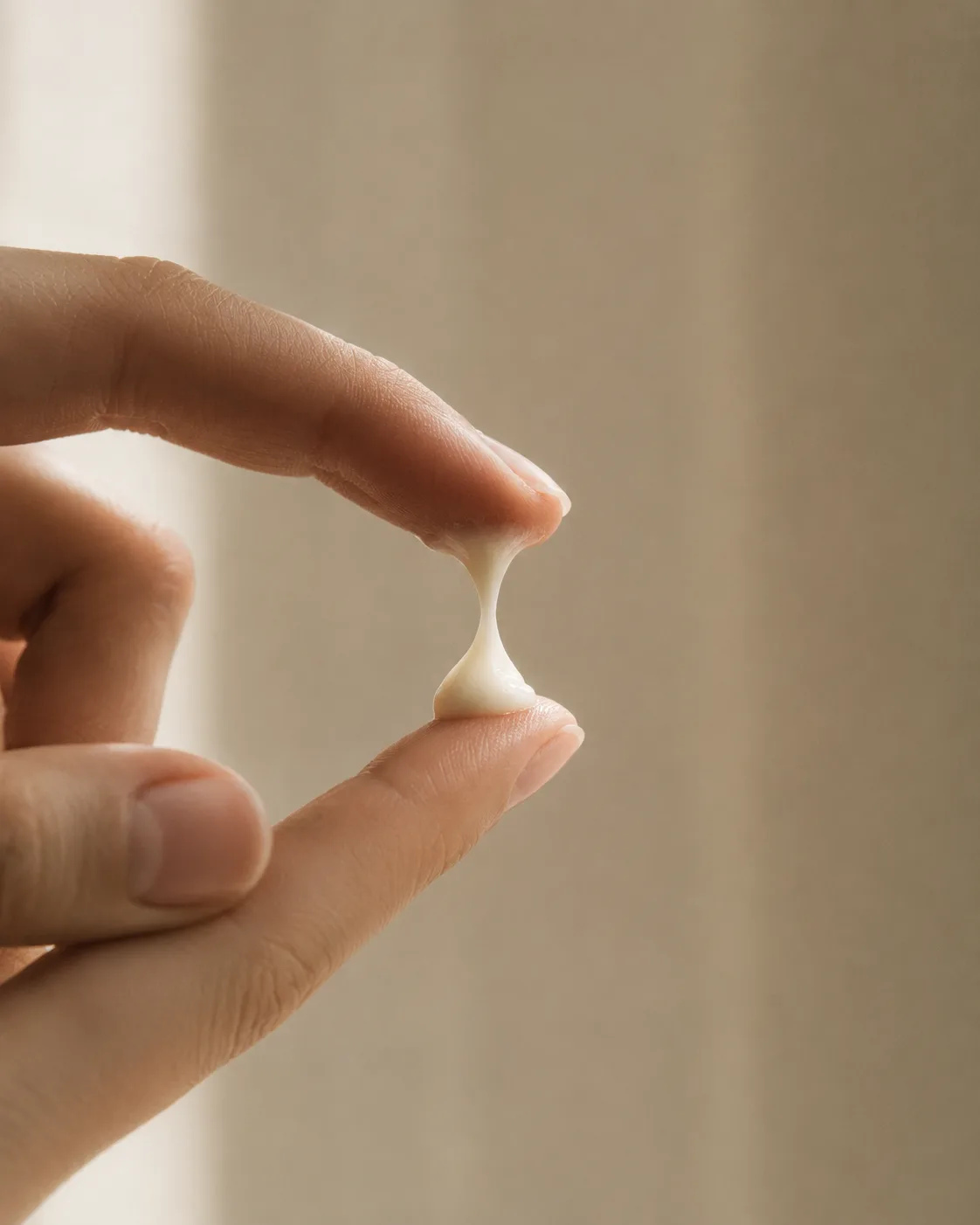 Cream pressed between two fingertips in soft daylight