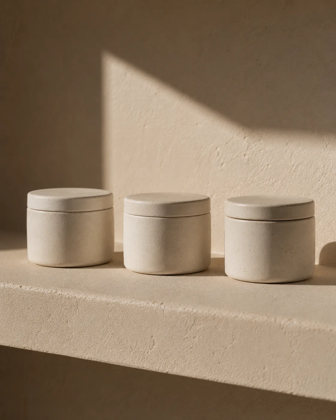 Three ceramic skincare jars in a row under a hard diagonal shadow