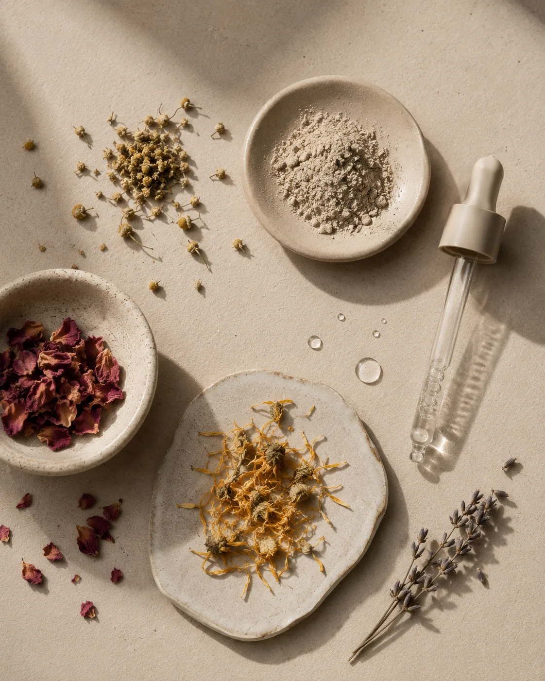 Flat lay of dried rose, calendula and clay beside a glass pipette