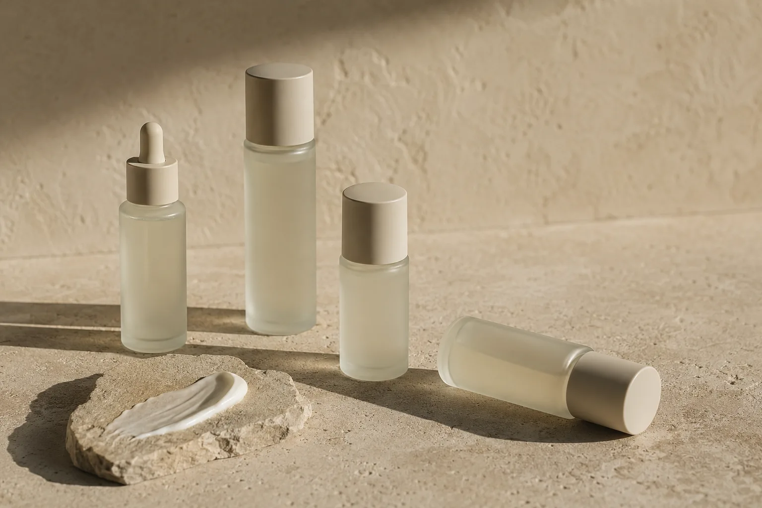 Frosted bottles grouped on a textured plaster surface