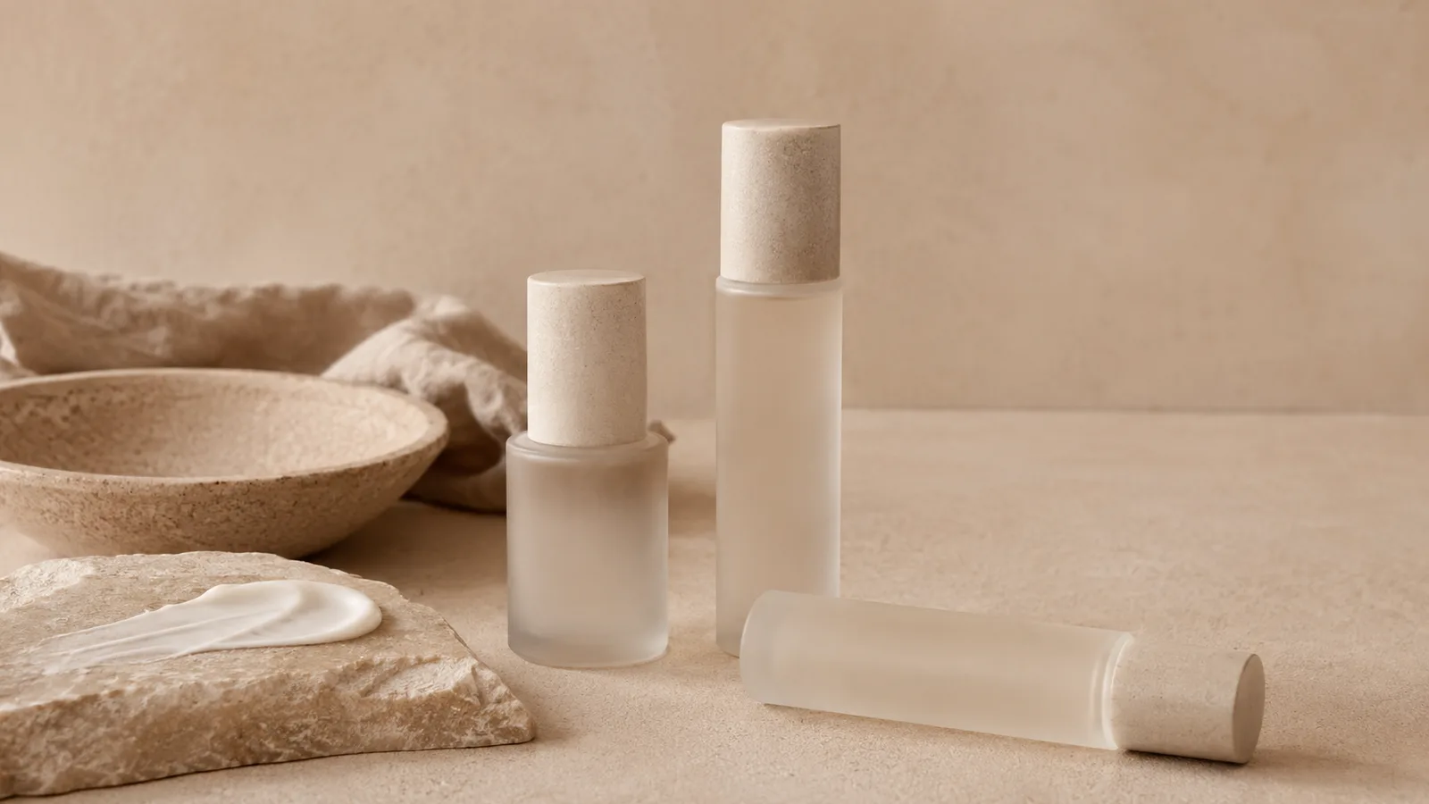 Full product line-up arranged with linen and a stone dish
