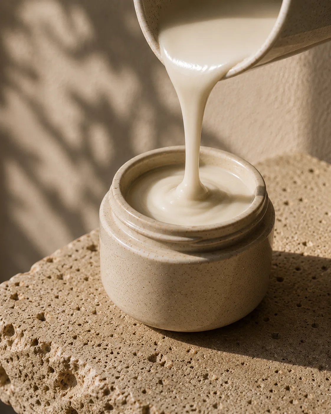 Cream being poured slowly into an open ceramic jar