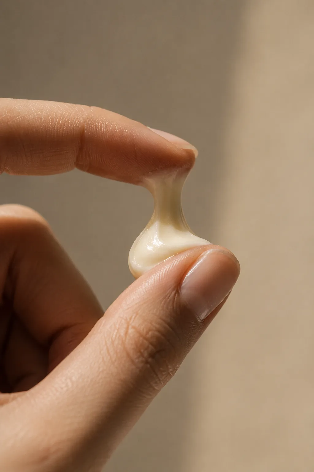 Cream drawn between two fingertips against a warm background