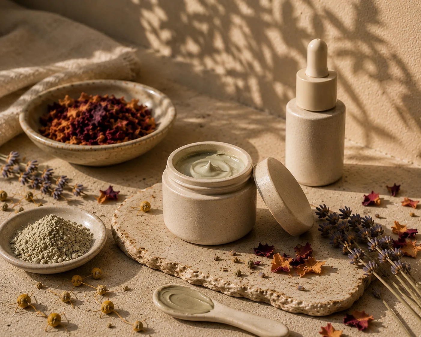 Still life of jars and botanicals under dappled afternoon light