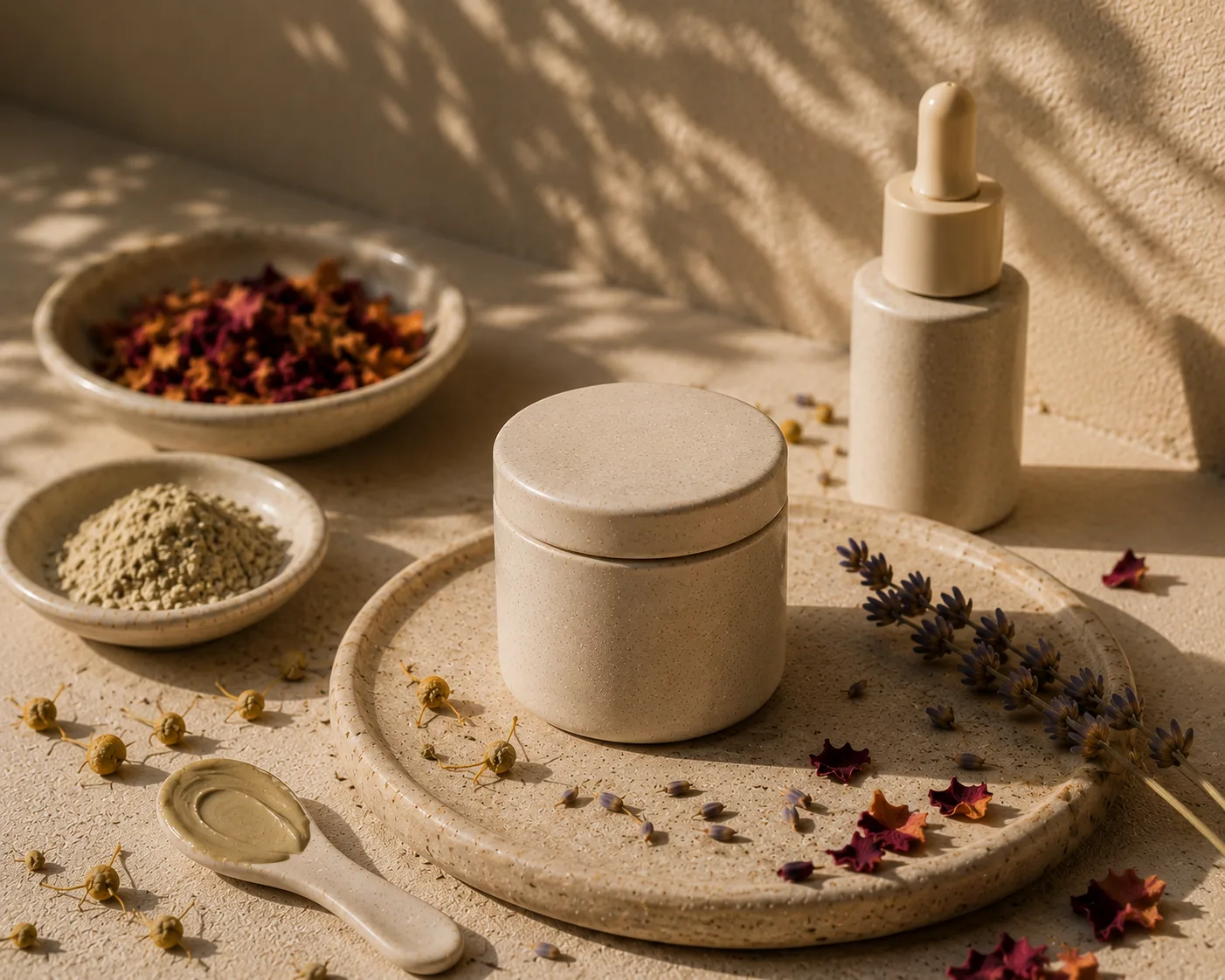 Closed ceramic jar raised on a stone plinth among scattered petals