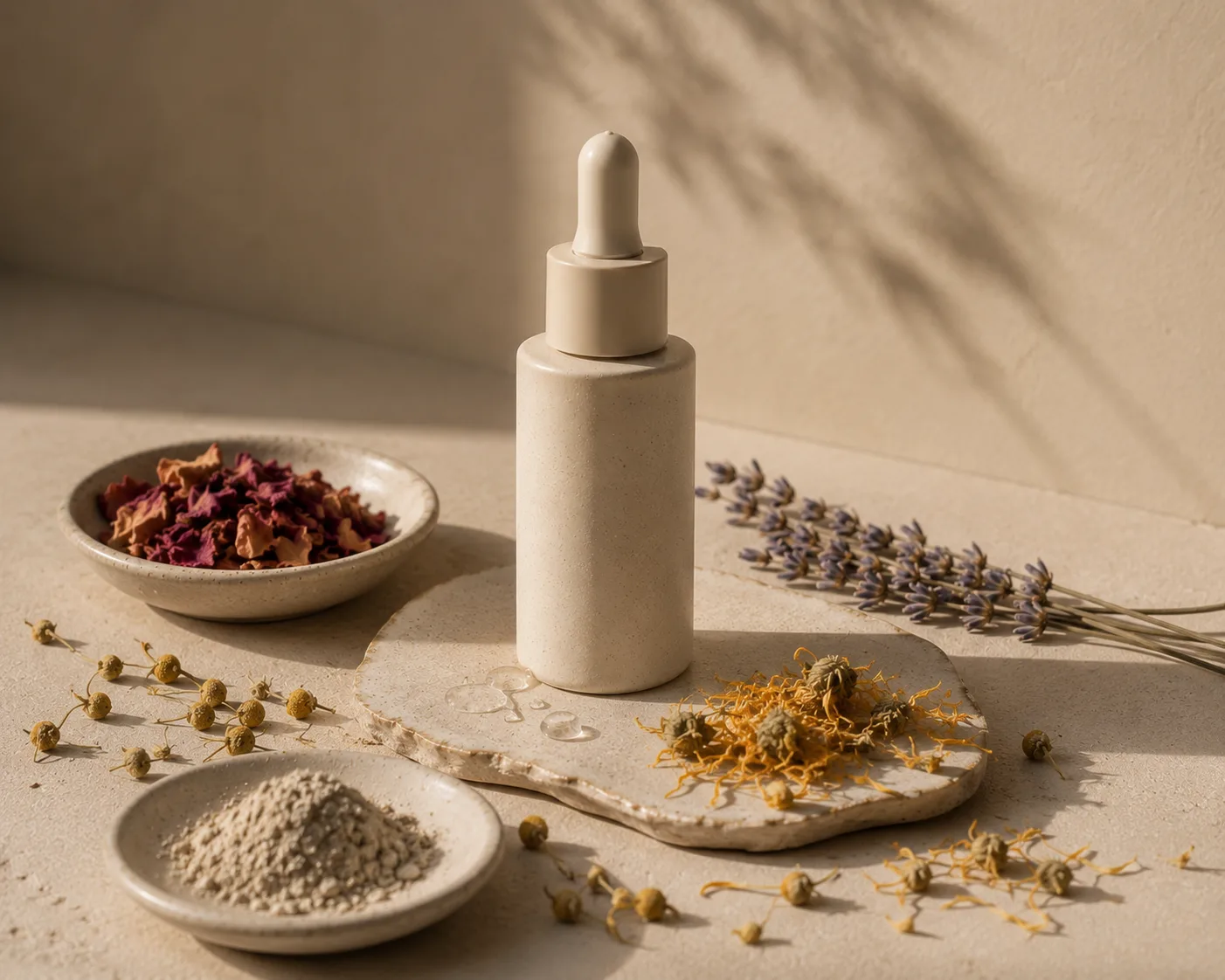 Tall dropper bottle beside dried lavender and a bowl of rose petals