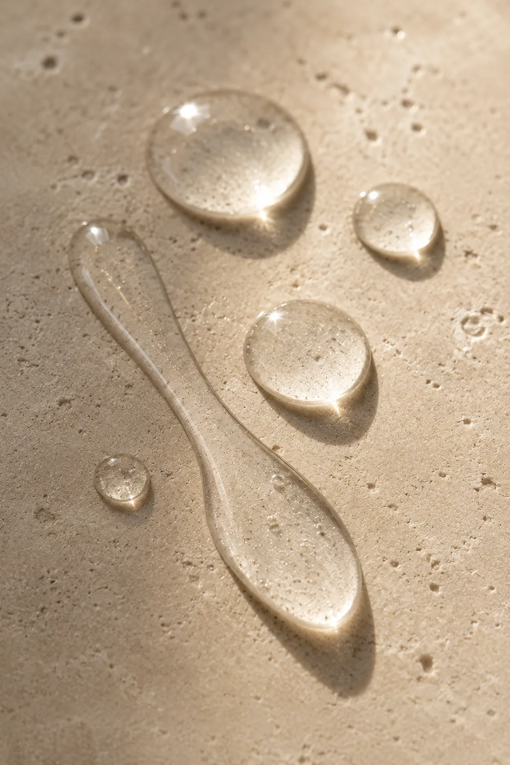 Backlit serum droplets beading across a pale stone surface