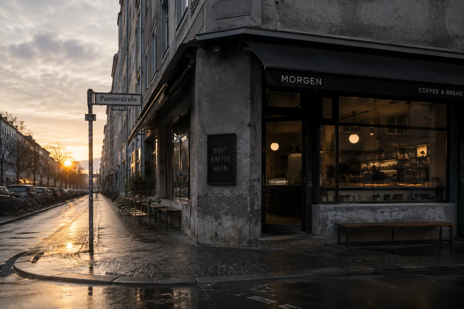 Morgen café on a Berlin street corner at dawn, wet pavement, one lit window