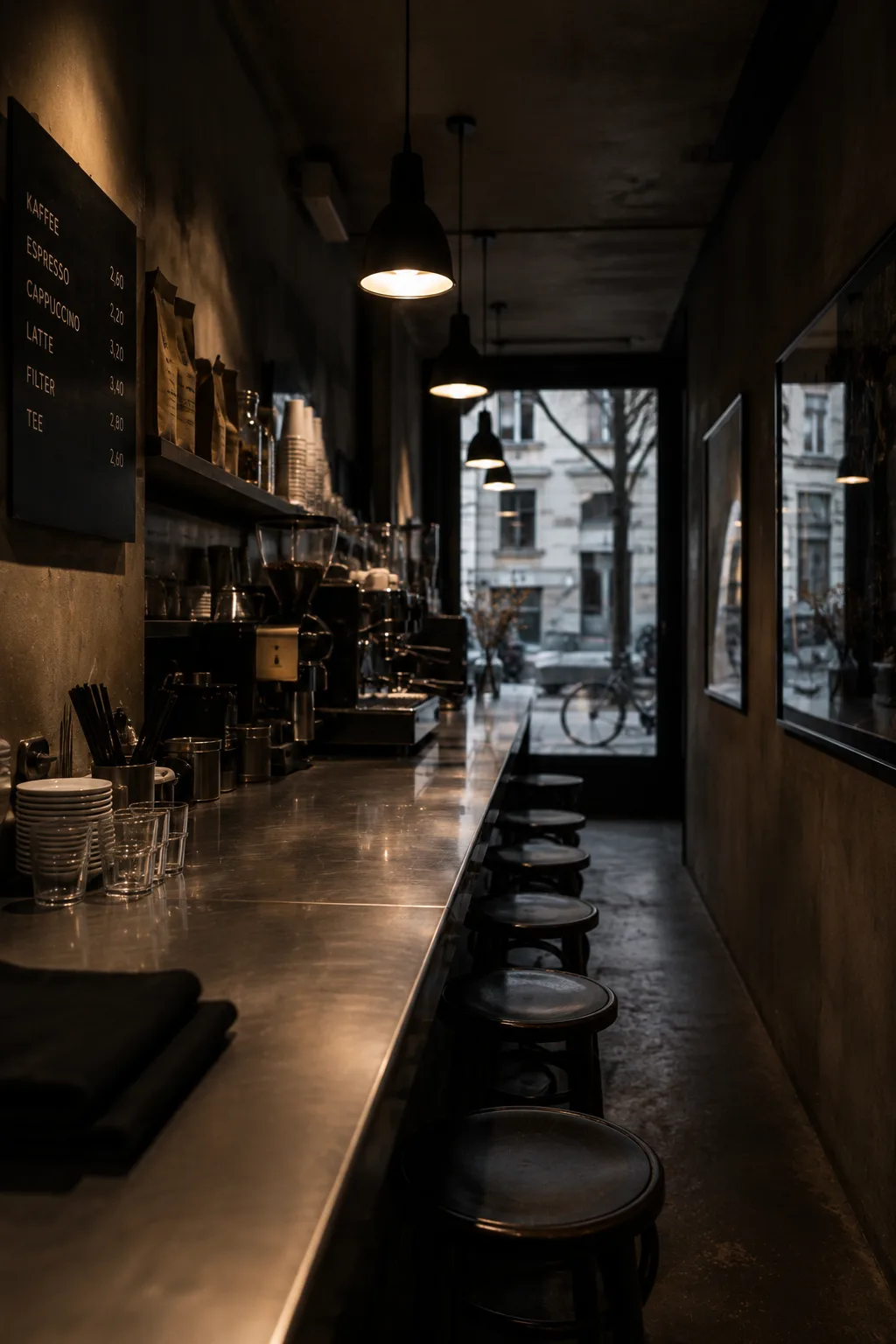 Looking down the length of an empty café counter in early morning light