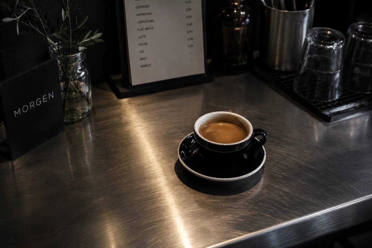 Espresso in a plain cup on a dark steel counter beside a Morgen menu card